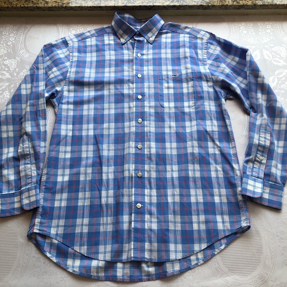 Vineyard Vines Classic-Fit Tucker Shirt Blue/Pink Plaid Button-Up Men’s Size M